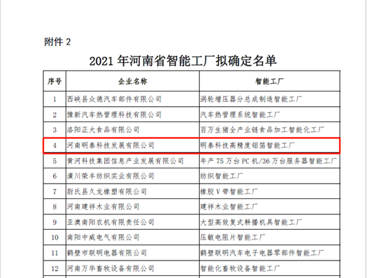 2021年河南省智能车间智能工厂拟认定名单公示，明泰科技榜上有名